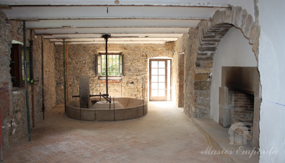 Gran salón con molino de granos al fondo de la imagen chimenea y salida directa a jardín y patio lateral de la casa 