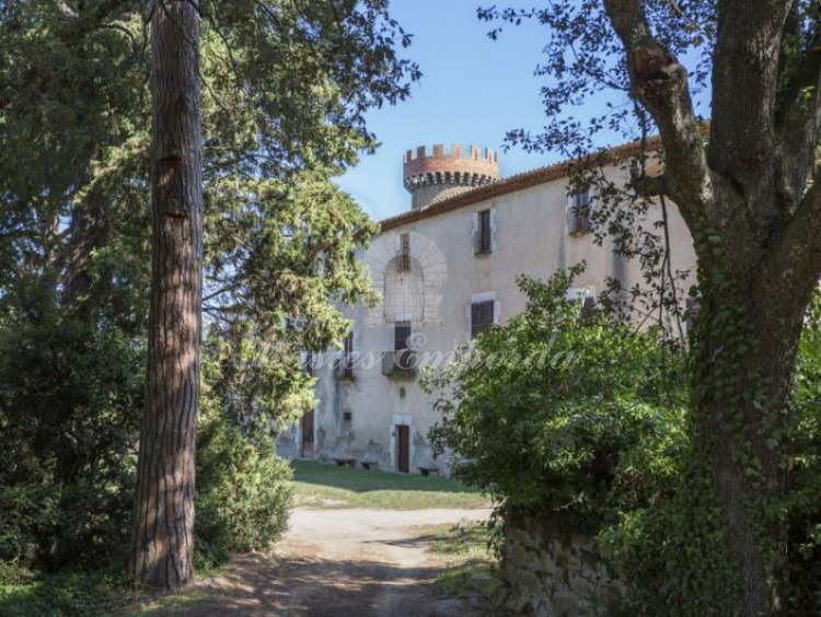 Fachada de la Masía con la corona de la torre que sobresale de la cubierta de la casa  